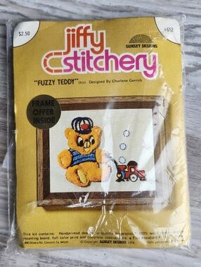Vintage Jiffy Stitchery Fuzzy Teddy Kit Sunset Designs 1974 NOS